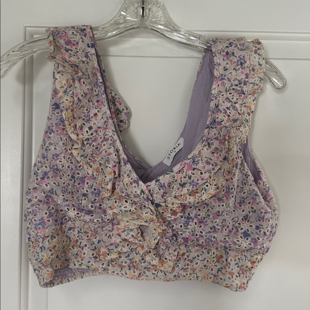 Storia Floral Ruffle Crop Top - Lavender and Multicolor